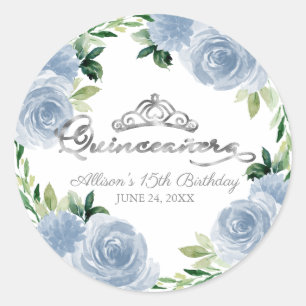 Adesivo Redondo Tiara de Prata Quinceanera Floral Azul Claro