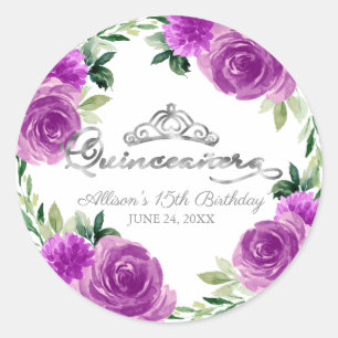 Adesivo Redondo Tiara de Prata Quinceanera Floral Roxa