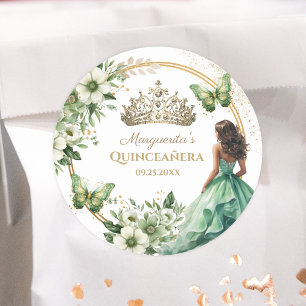 Adesivo Redondo Tiara Dourada Borboleta Floral Verde Quinceañera
