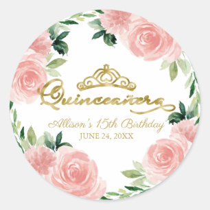 Adesivo Redondo Tiara Dourada de Quinceanera Floral Rosa Clássico