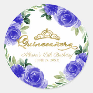 Adesivo Redondo Tiara Dourada Quinceanera Floral Azul Real