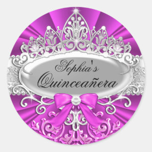 Adesivo Redondo Tiara e Damask Quinceanera, cor-de-rosa
