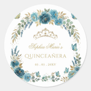 Adesivo Redondo Tiara Floral Borboleta Azul Dourado Quinceañera