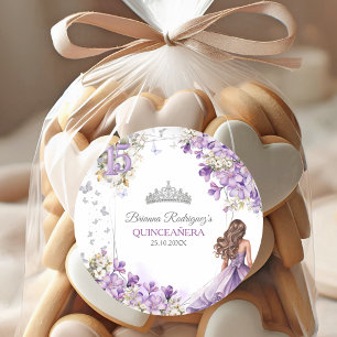 Adesivo Redondo Tiara Floral de Borboleta Prata Lavanda Quinceañer
