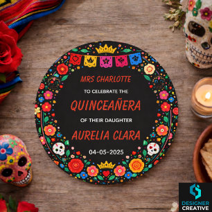 Adesivo Redondo Tiara Floral de Festa Mexicana Preta Quinceañera D