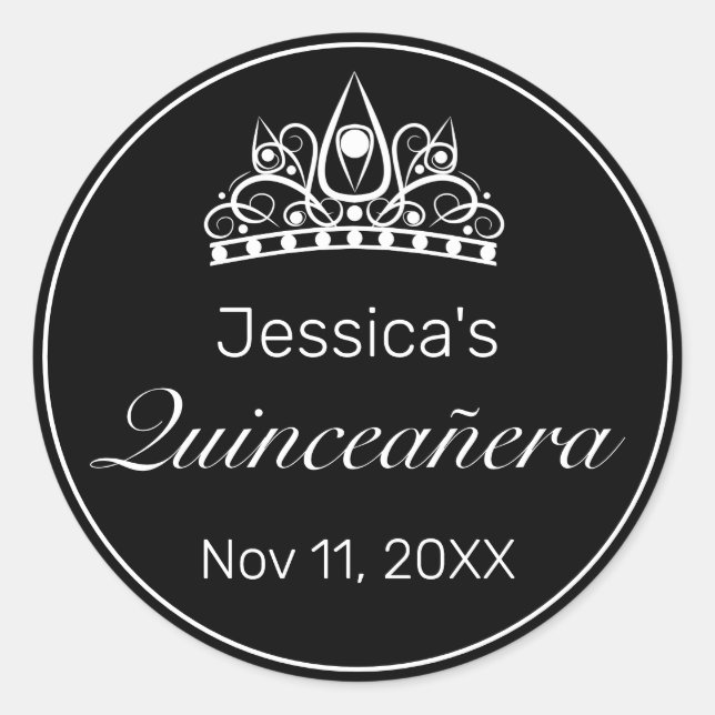 Adesivo Redondo Tiara Moderna Quinceanera Negra Minimalista (Frente)
