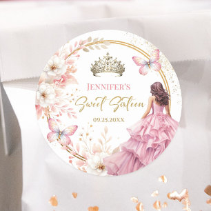 Adesivo Redondo Tiara Princesa Floral Rosa Bege Dourado Sweet 16