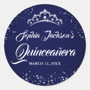 Adesivo Redondo Tiara Quinceanera Brilho Diamante Prata Marinho