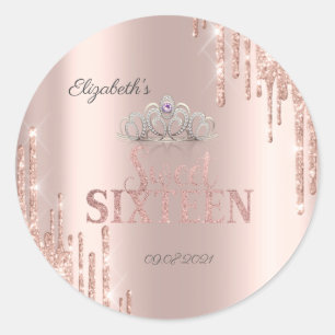 Adesivo Redondo Tiara Rose Gold Sweet 16 com Brilho Descendo