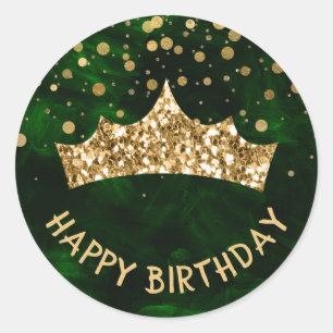 Adesivo Redondo Tiaro de ouro com bokeh dourado & Verde aniversári