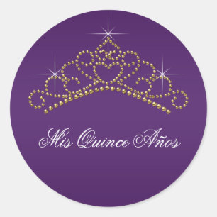 Adesivo Redondo Tiaro de Ouro Roxo Doce 15 16 Label Quinceanera