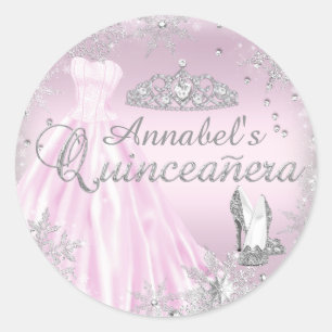 Adesivo Redondo Tiaro de vestido com brilho rosa Sticker Quinceane