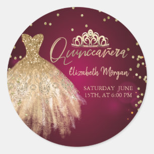 Adesivo Redondo Tiaro de vestido dourado, diamantes Quinceañera bu