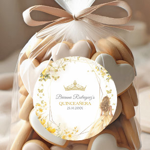Adesivo Redondo Tiaro Floral Borboletas Amarelo Dourado Quinceañer