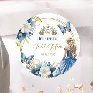 Adesivo Redondo Tiaro Floral Princesa Dourado Azul Royal Sweet 16