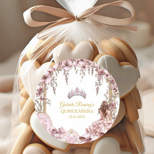 Adesivo Redondo Tiaro Floral Quinceañera Rosa Bege e Dourado