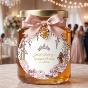 Adesivo Redondo Tiaro Floral Quinceañera Rosa Bege e Dourado