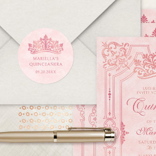 Adesivo Redondo Tiaro Rosa Coroa Elegante Quinceanera