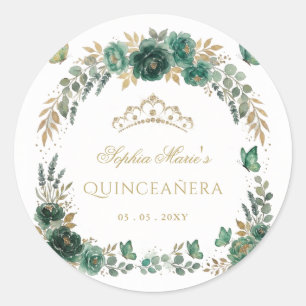 Adesivo Redondo Tiarra Dourada Esmeralda Borboleta Floral Quinceañ