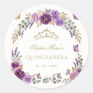 Adesivo Redondo Tiarra Floral Borboleta Roxo Dourado Quinceañera