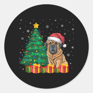 Adesivo Redondo Tibetano - Mastiff Santa Hat Luzes de Natal