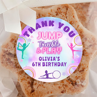 Adesivo Redondo Tie Dye Gymnastics Jump Tocar Aniversário Obrigado