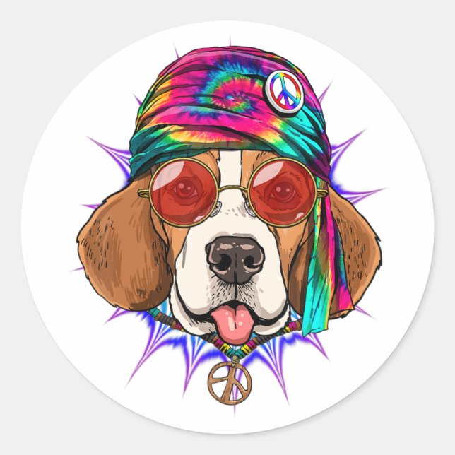 Adesivo Redondo Tie Dye Hippie Beagle Hippiness Peace Love Dog (Frente)
