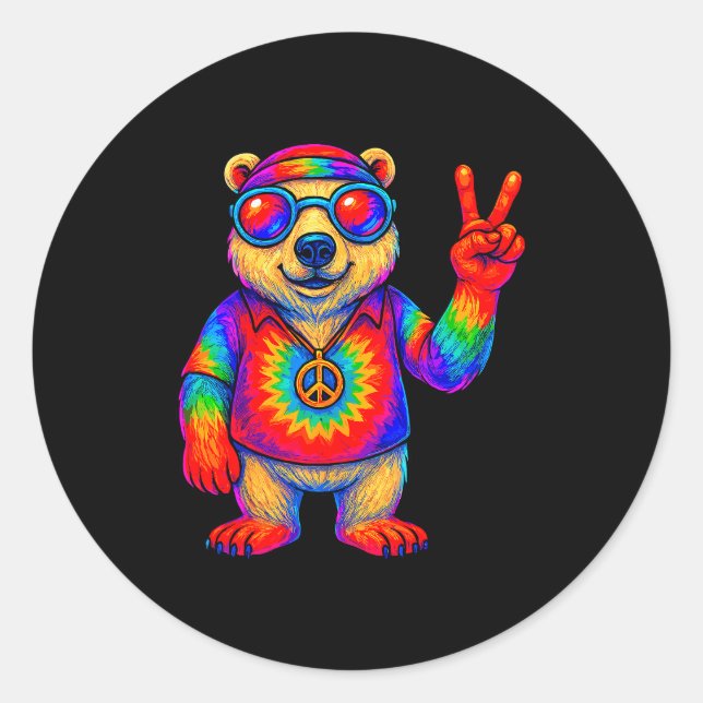 Adesivo Redondo Tie-dye Lar Bear Peace Sign Hip  (Frente)