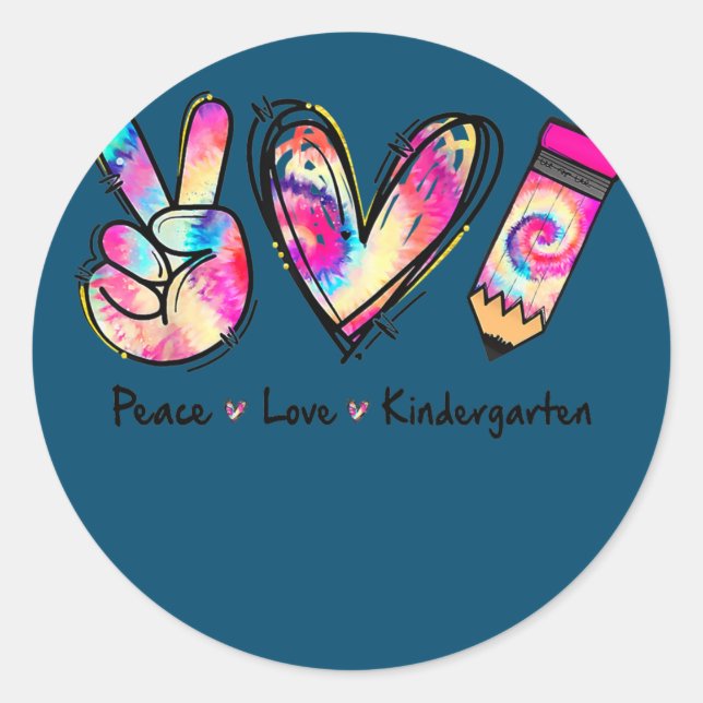 Adesivo Redondo Tie Dye Peace Love And Kindergarten Girl Kids (Frente)