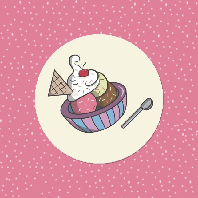 Adesivo Redondo tigela de sorvetes (Yummy bowl of ice cream round decorative sticker . )