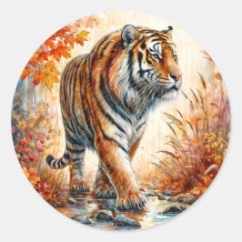 Adesivo Redondo Tiger Andando Na Arte Do Outono