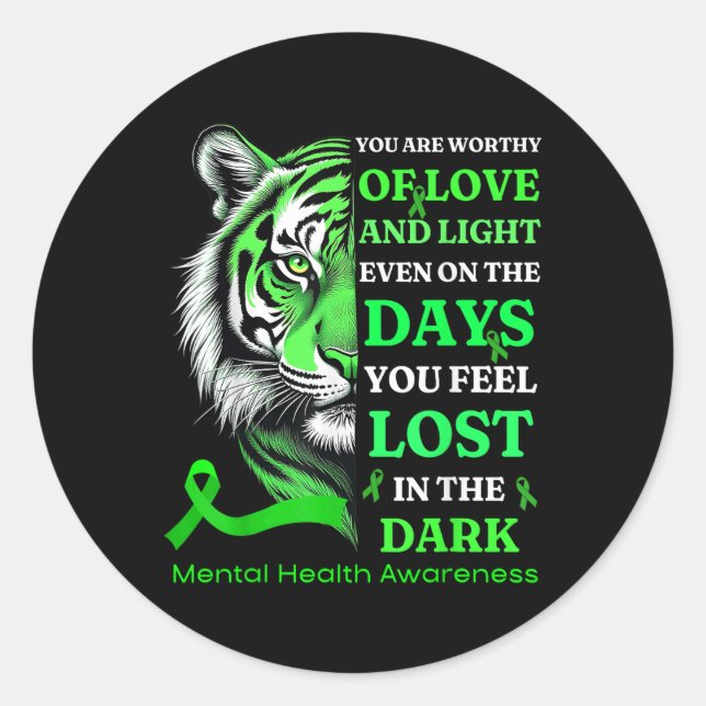 Adesivo Redondo Tiger Motivation Green Ribbon Mental Health Awar (Frente)
