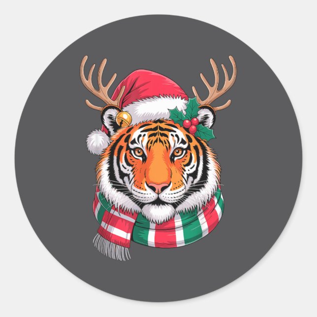 Adesivo Redondo Tiger Reindeer Christmas Santa Hat Tiger Xmas  (Frente)