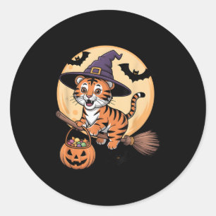 Adesivo Redondo Tiger Witch Hat Pumpkin Halloween Homens Mulher
