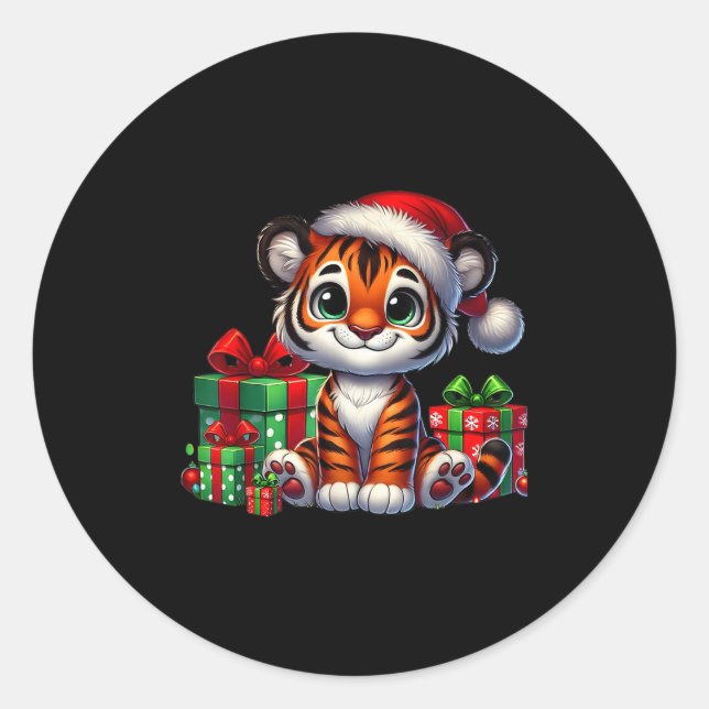 Adesivo Redondo Tiger Xmas Lighting Santa Hat Tiger Natal (Frente)