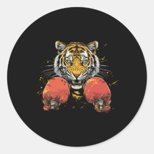 Adesivo Redondo Tigre Boxeador Com Luvas de Boxe Kickboxing Engraç