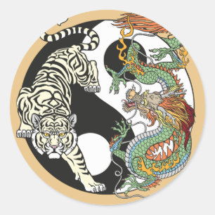 Adesivo Redondo Tigre branco versus dragão verde no yin yang
