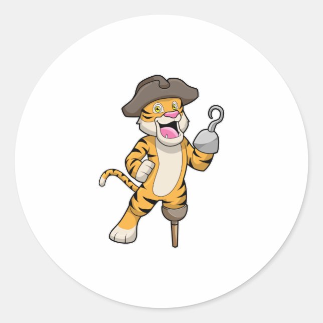 Adesivo Redondo Tigre como pirata com perna de madeira e mão vicia (Frente)