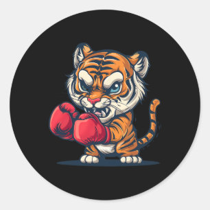 Adesivo Redondo Tigre de Boxe Com Luvas de Boxe Kickboxing Engraça