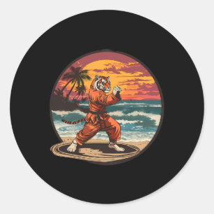 Adesivo Redondo Tigre de Kickboxing Praia Pôr do Sol Karate Taekwo