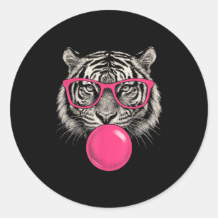 Adesivo Redondo Tigre Face Rosa Pulga Selva Selvagem Animal Selvag