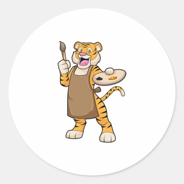 Adesivo Redondo Tigre na pintura com pintura e pincel (Frente)