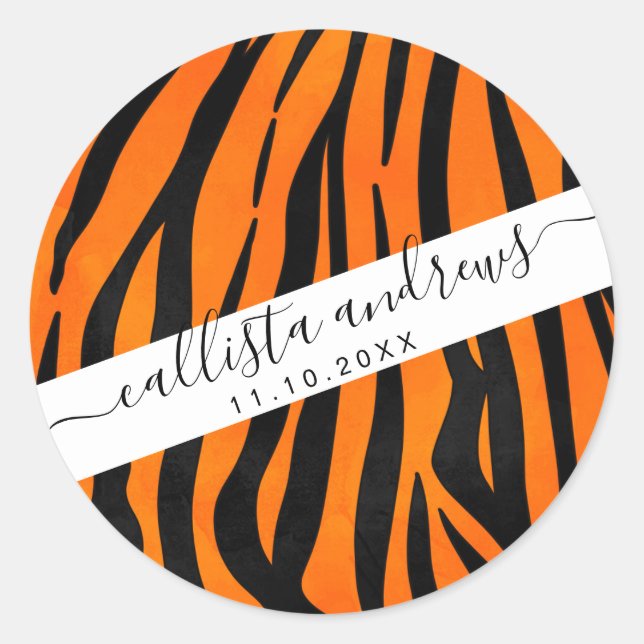 Adesivo Redondo Tigre Preto Laranja Selvagem Espalha Impressão Ani (Frente)