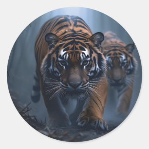 Adesivo Redondo Tigres Majestosos em uma Selva Foggy