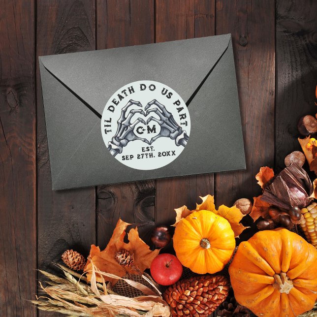 Adesivo Redondo Til Death Nos Parte Skeletons Casamento Gótico (Criador carregado)