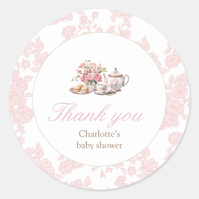 Adesivo Redondo Time for Tea Pink Floral Toile Sticker (Frente)