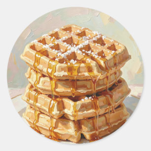 Adesivo Redondo Tinta a Óleo de Xarope de Waffles Belgas Dourados
