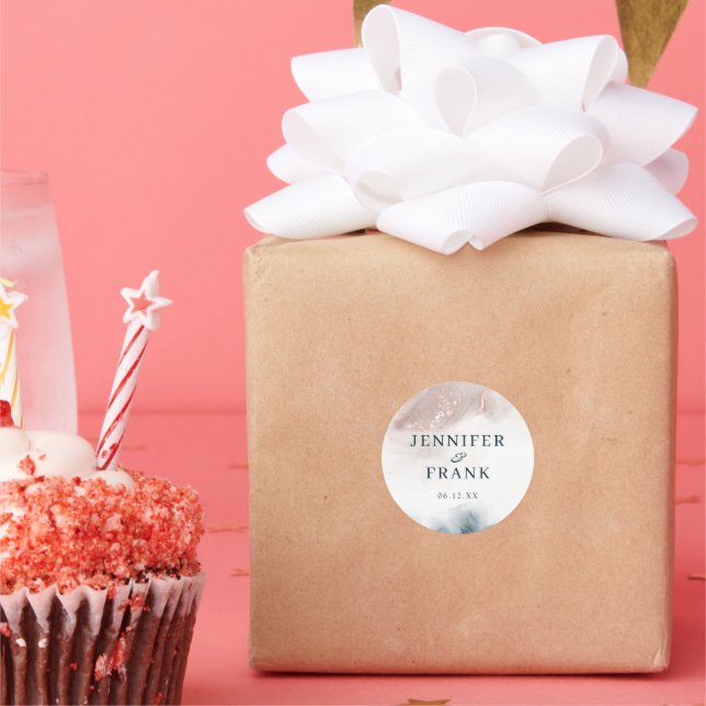 Adesivo Redondo Tinta de Álcool Elegante Dourada Blush Azul Mínimo (Festa)