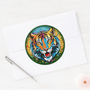 Adesivo Redondo Tinta de cores Arco-íris Cabeça de Tigre