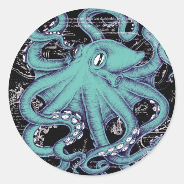 Adesivo Redondo Tinta do mapa de colheita de chá Octopus (Frente)